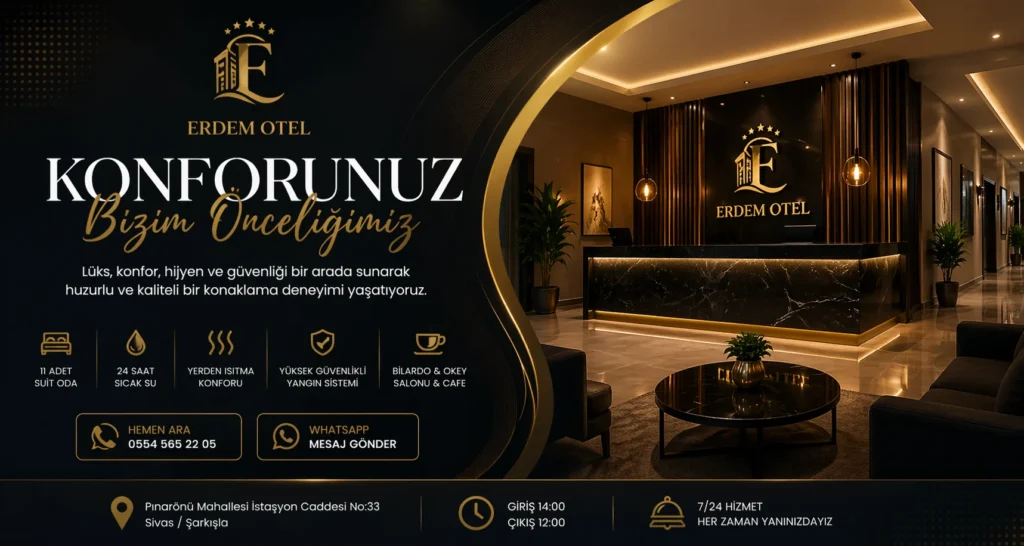 Erdem Otel ana sayfa banner lüks konaklama ve kurumsal otel tanıtım görseli Sivas Şarkışla