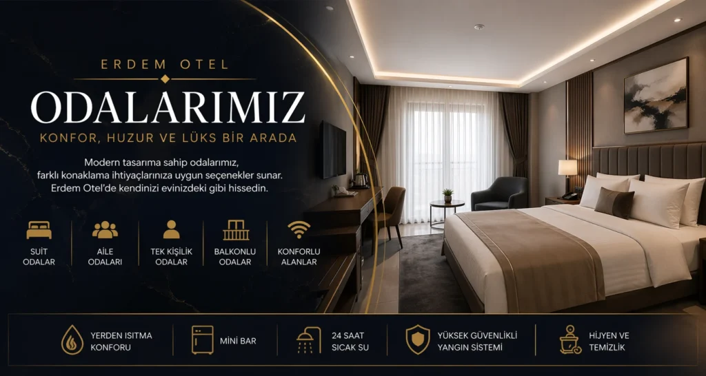 Erdem Otel odalarımız banner modern ve lüks oda tanıtım görseli Sivas Şarkışla